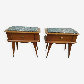 Set of 2 black white marble wood bedside tables with compass legs