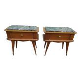 Lot de 2 table de chevet bois marbre blanc noir pied compas