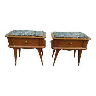 Set of 2 black white marble wood bedside tables with compass legs