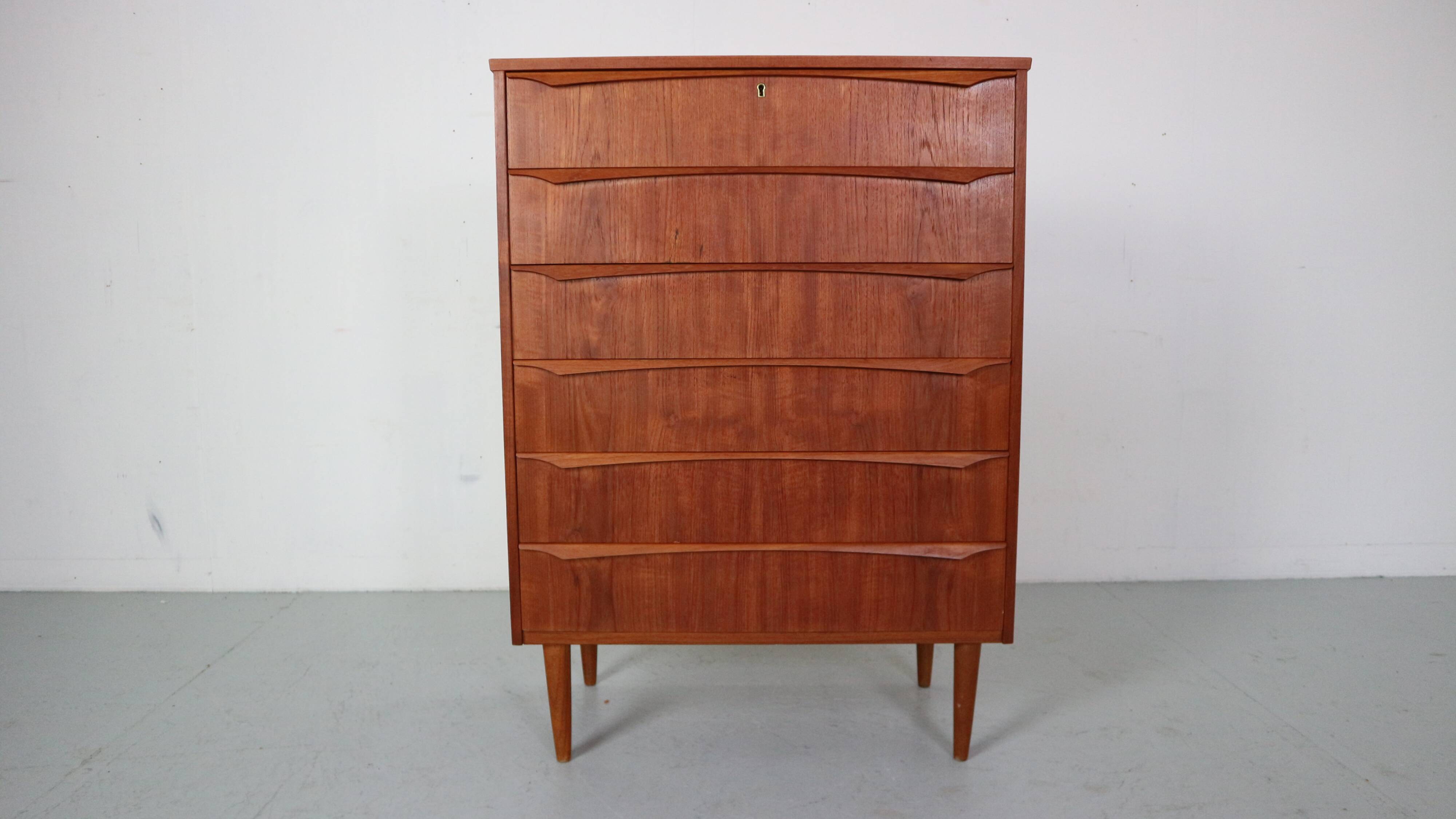 Mid-Century Modern Danish Chest of Six Drawers, Tallboy in Teak, Denmark, 1960
