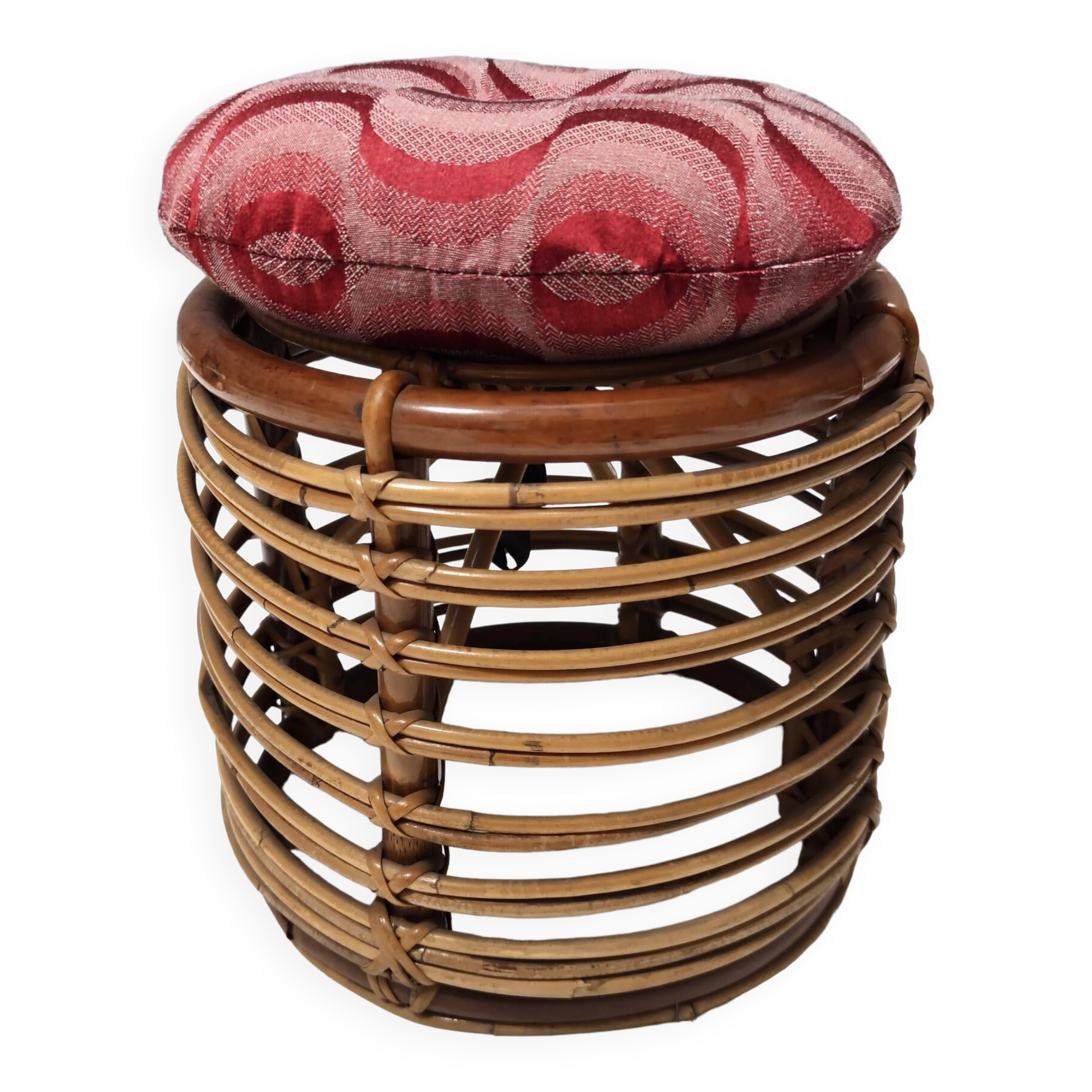 Pouf vintage en bambou par Castano recouvert de tissu cramoisi, Italie