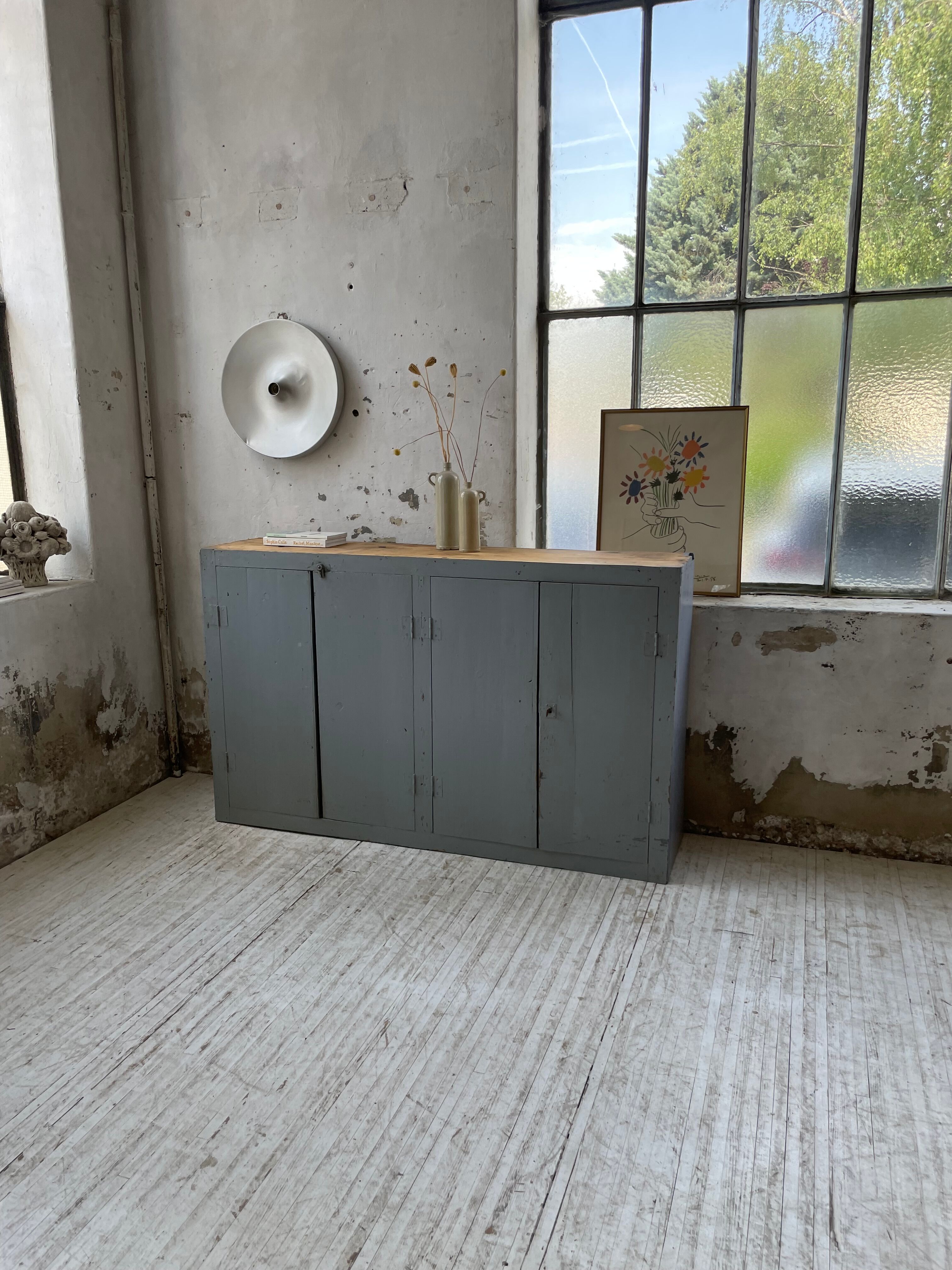 Factory blue patinated workshop furniture