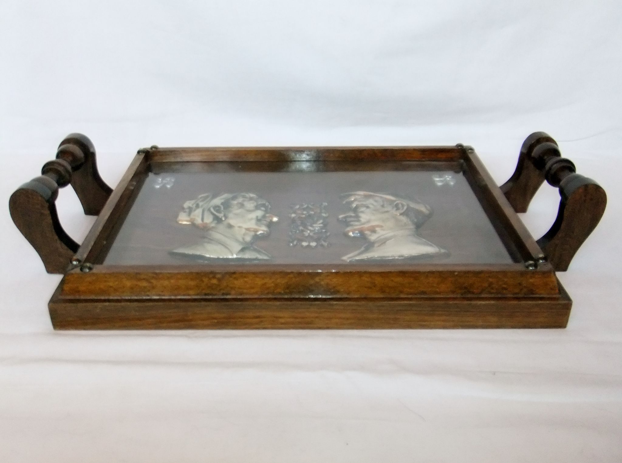 Basque service tray cross character under glass wood vintage handles painting