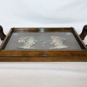 Basque service tray cross character under glass wood vintage handles painting