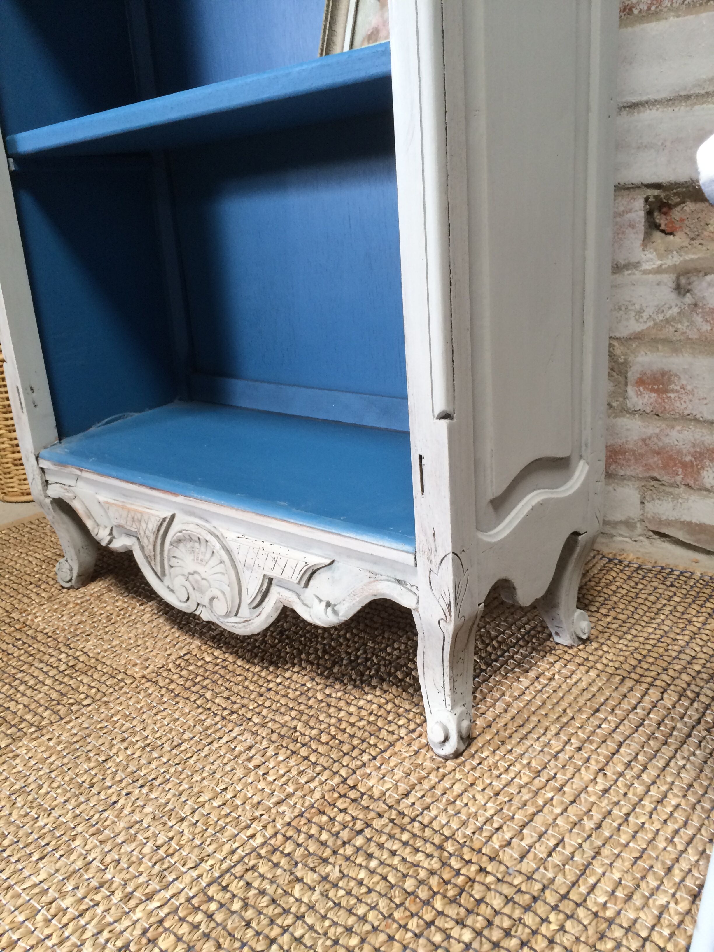 Old bookcase gray & blue wood mouldings
