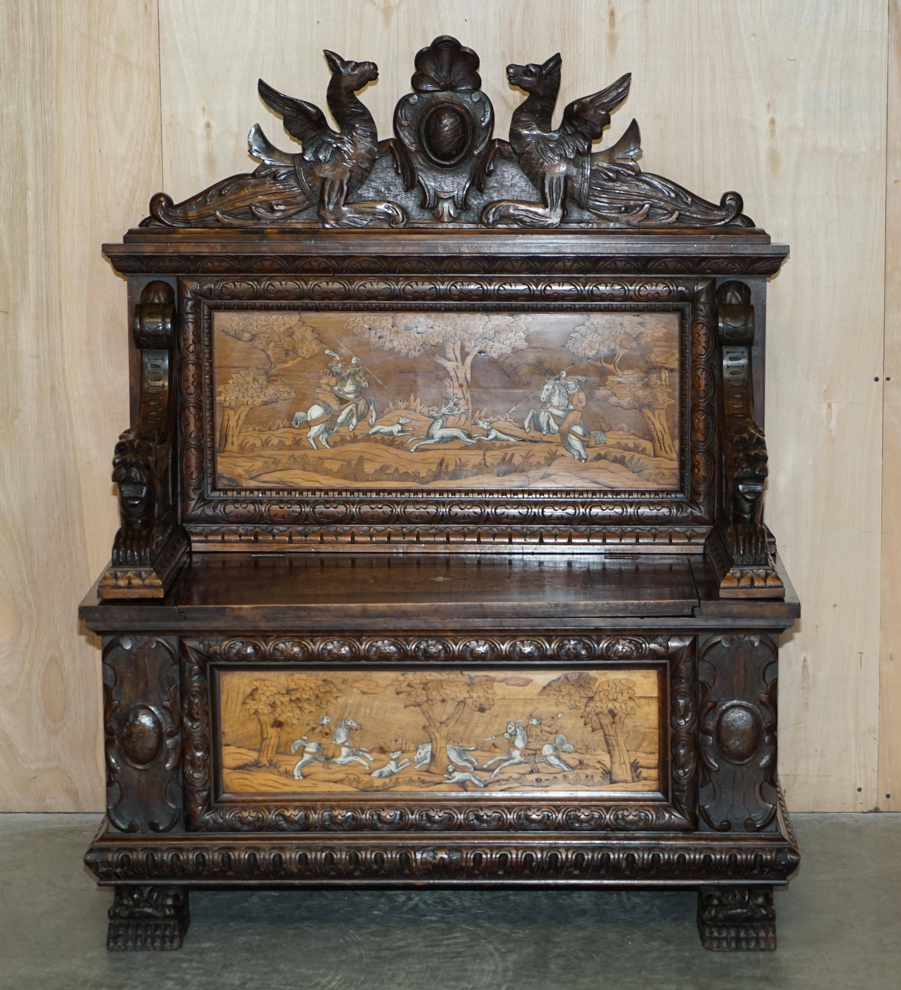 Banc Monks Antique Sculpté Lion Griffon 1860 avec Rangement