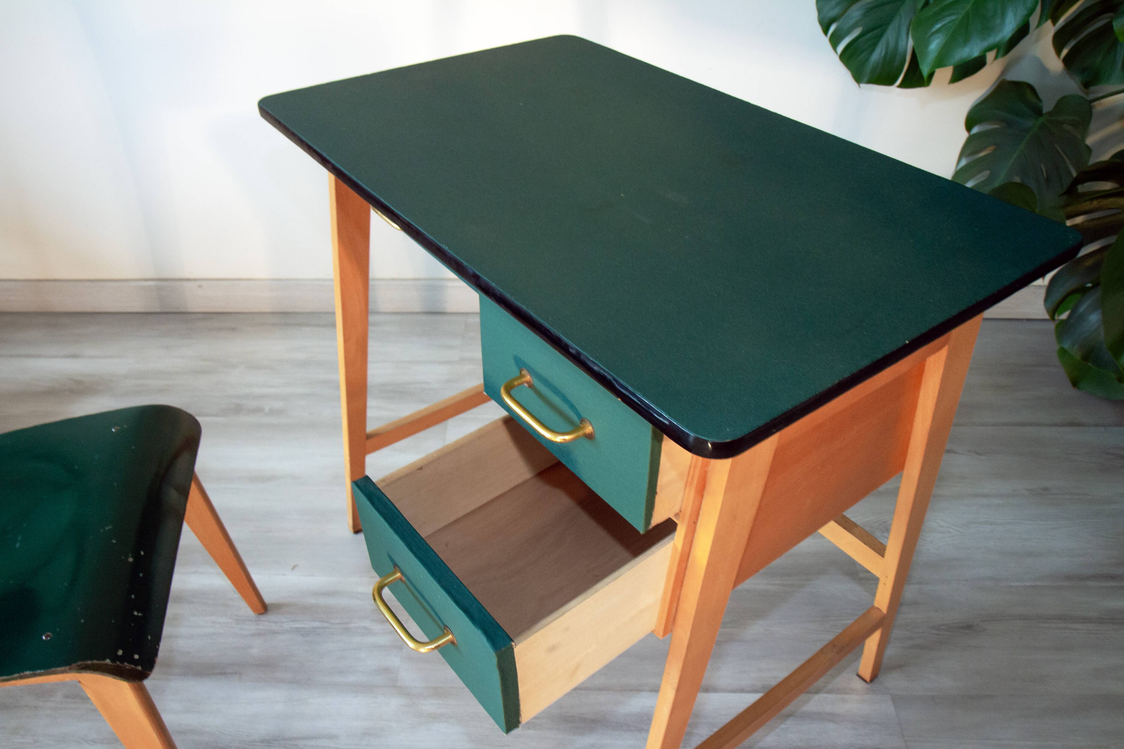 Desk and its green and wood chair, 1950s