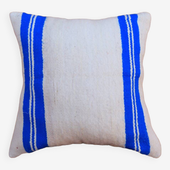 Handmade wool blue and white striped cushion