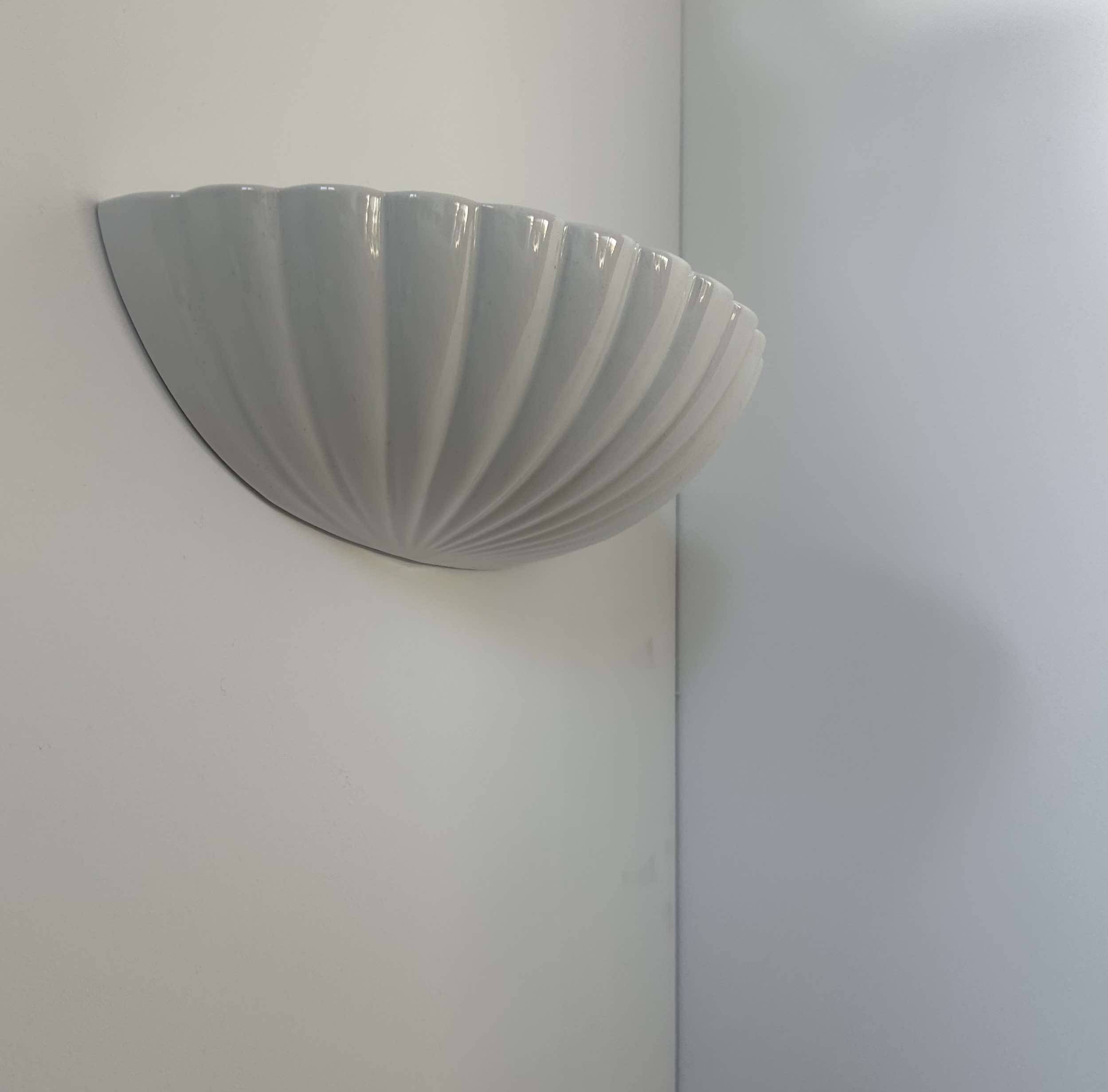 Pair of vintage shell wall lights, white porcelain, France 1970