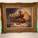 Still life with fruits (strawberries/pumpkin), on canvas frame with gilded baroque frame