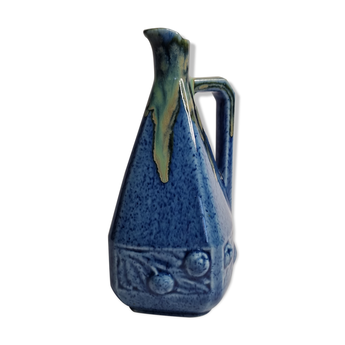 Art Deco pitcher in blue enamelled sandstone with fruit decoration, 22 cm