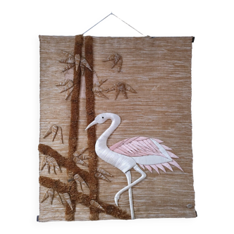 Tenture jute décor oiseau et feuillages vintage