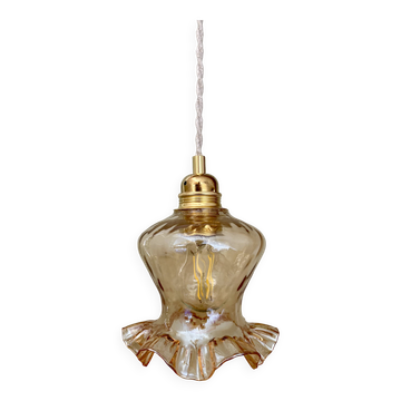 Suspension tulipe vintage en verre ambré
