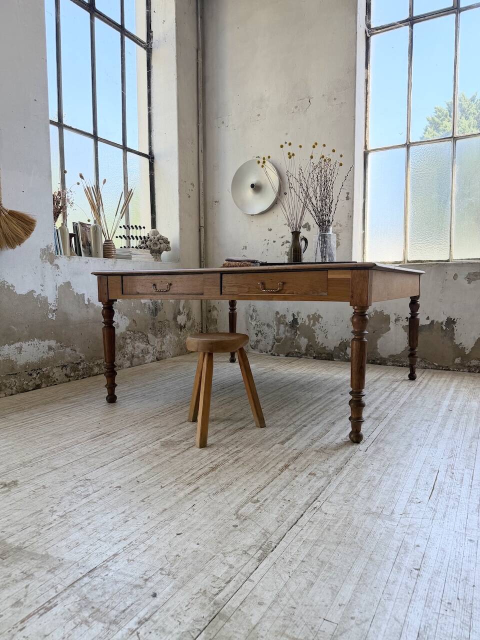 Grande table de ferme XL chêne « carrée » conférence 1950