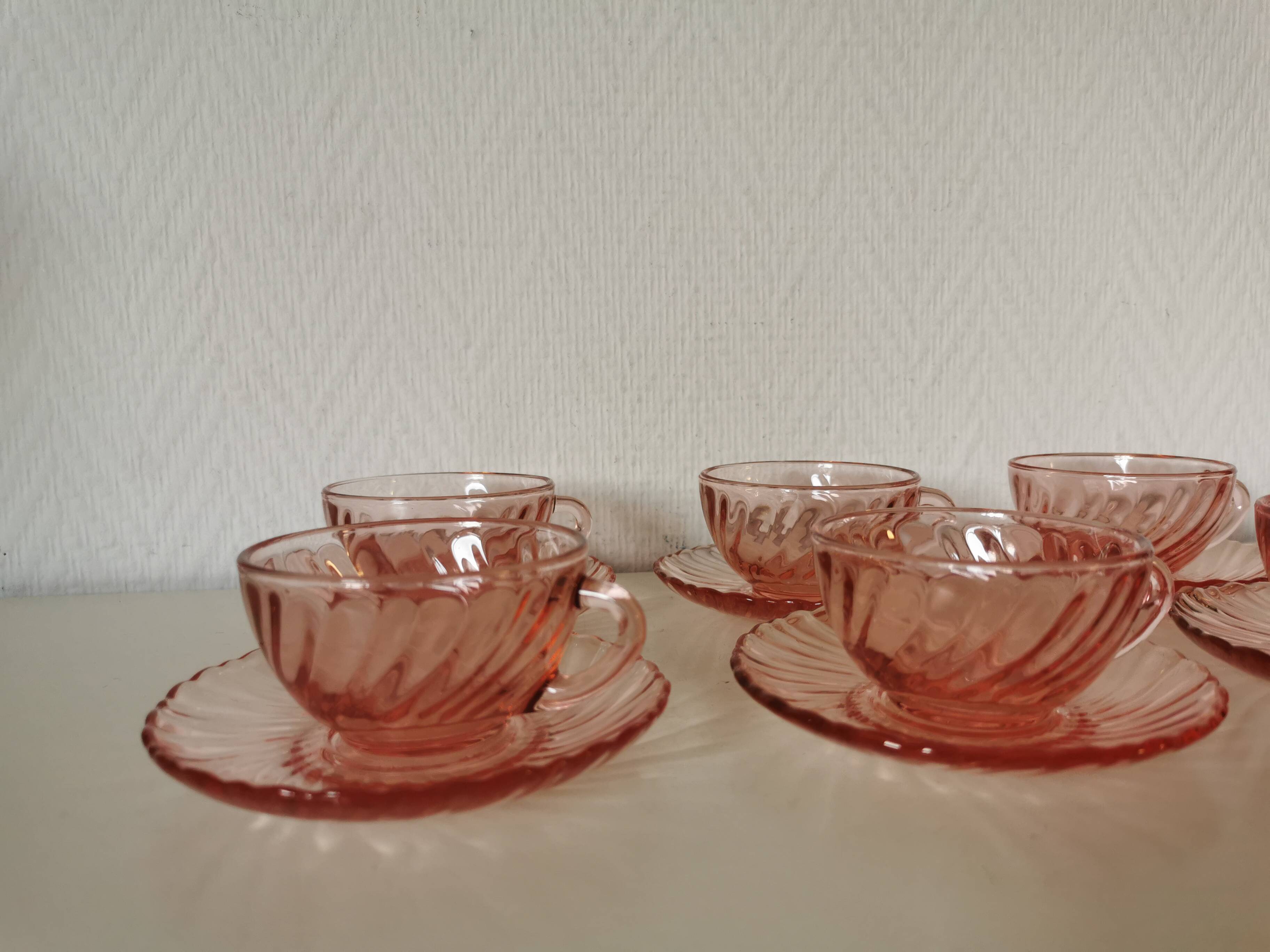 set of 6 pink glass coffee cups and saucers, rosaline