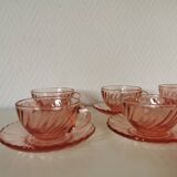 set of 6 pink glass coffee cups and saucers, rosaline