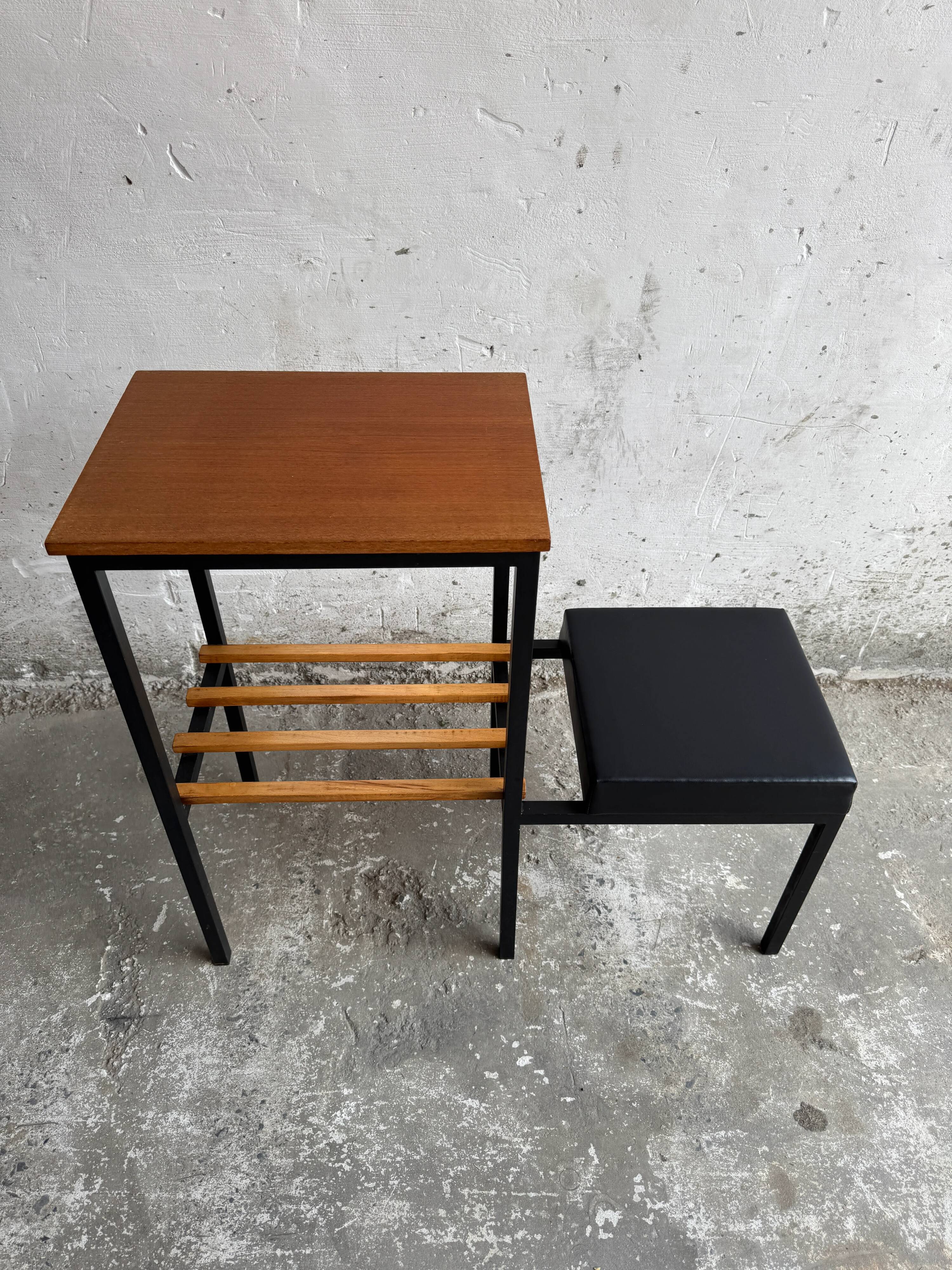 Mid-Century Teak and Black Metal Side Table with Wooden Slat Magazine Rack and Vinyl Seat