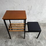 Mid-Century Teak and Black Metal Side Table with Wooden Slat Magazine Rack and Vinyl Seat