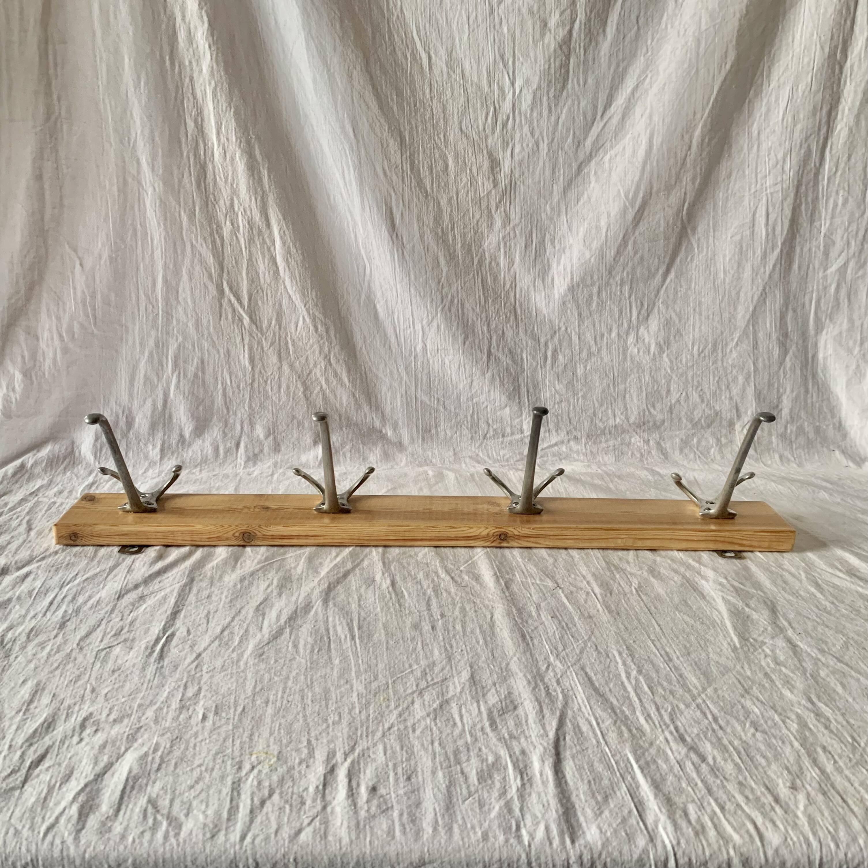 Vintage wooden coat rack - 4 cast aluminum hooks