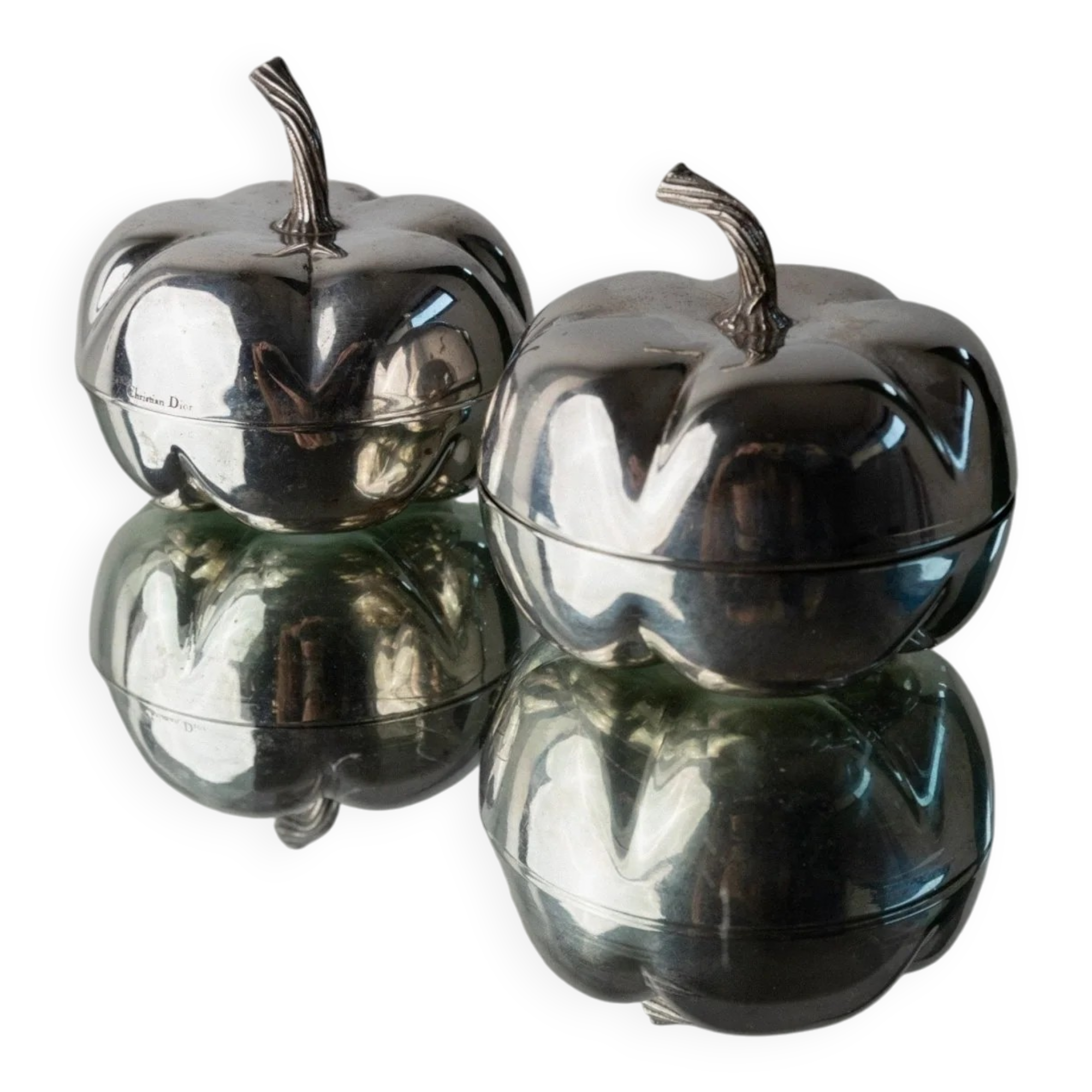 Silver-plated vintage Christian Dior Pumpkin set: two lidded metal bowls with removable integrated lighter, 1970s