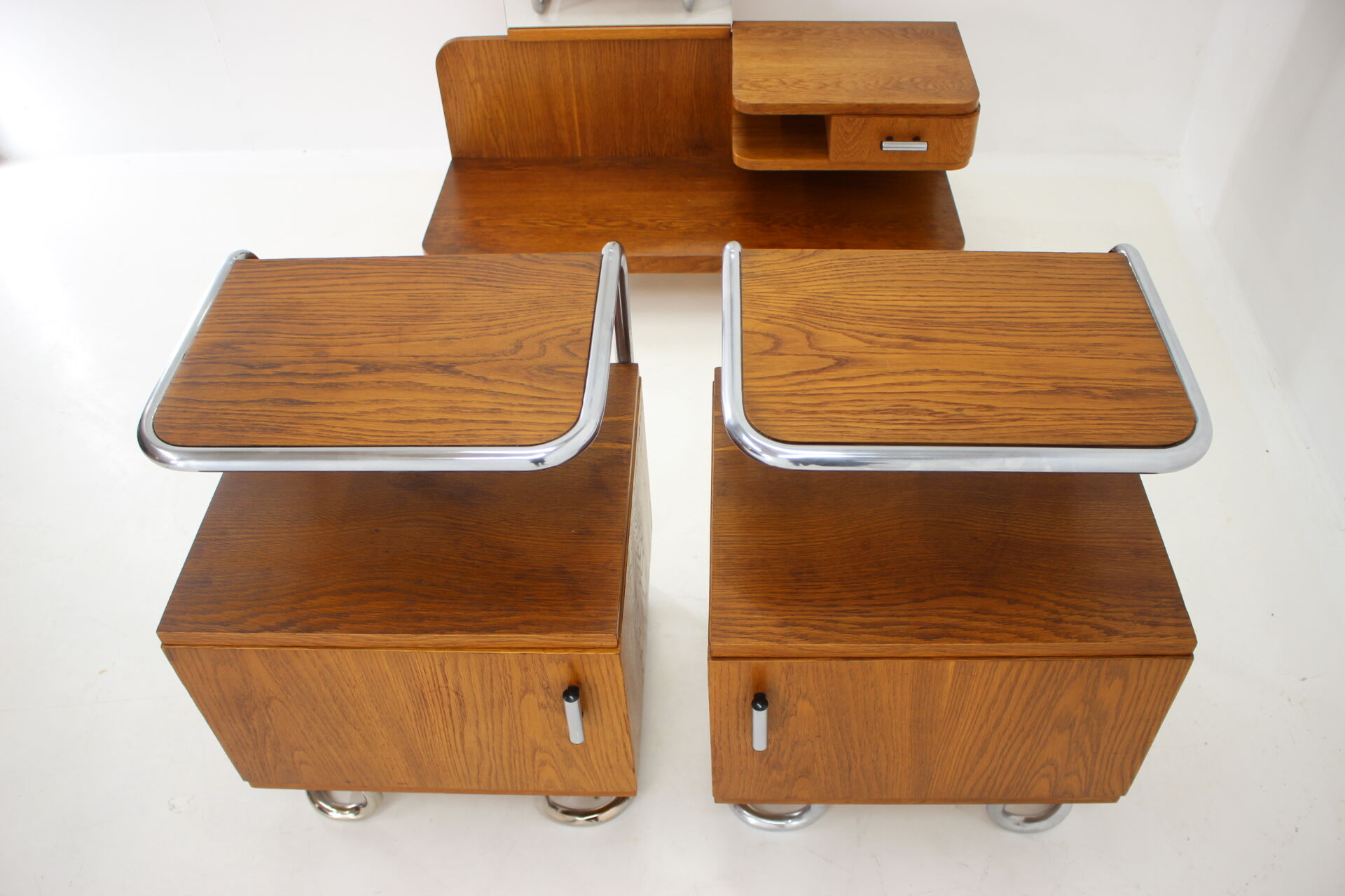 1950s Set of  Oak Bauhaus Mirror Cabinet and Bedside Tables, Czechoslovakia