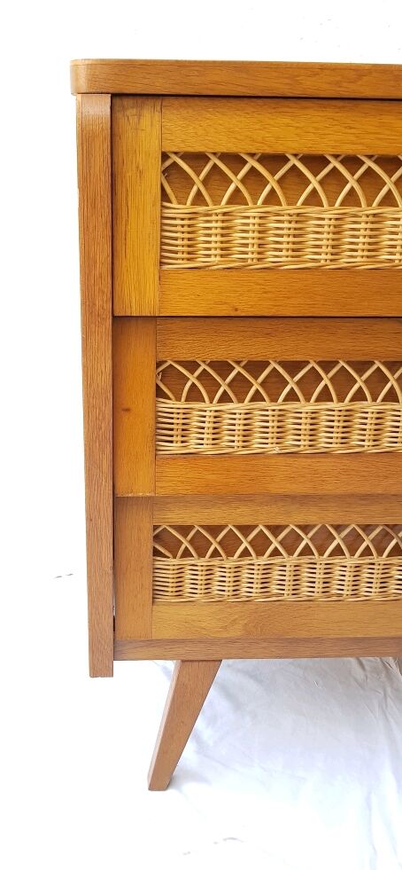 Chest of drawers wood and rattan 60s