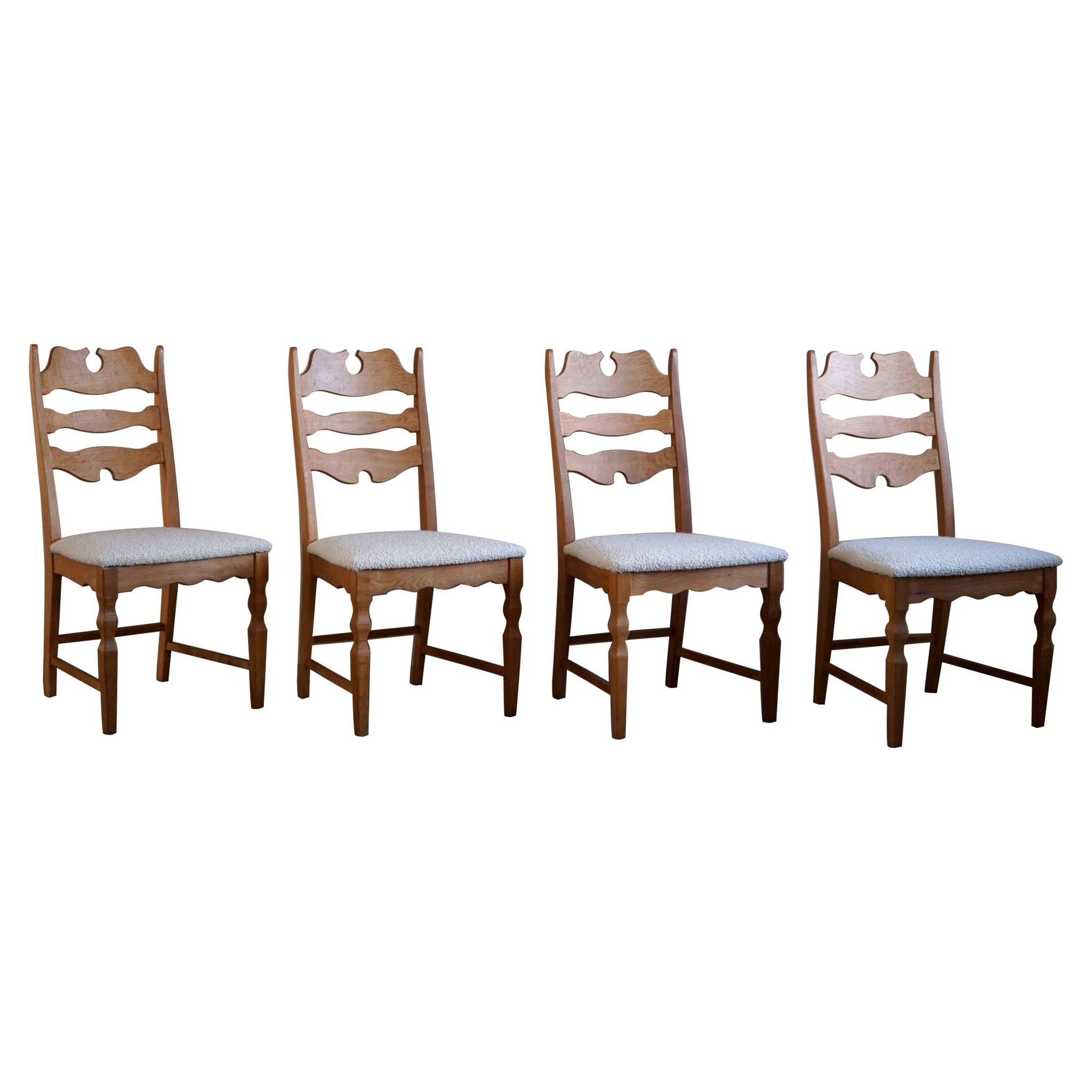 Set of 4 "Razorblade" high back chairs in oak & boucle, Henning Kjærnulf, 1960s