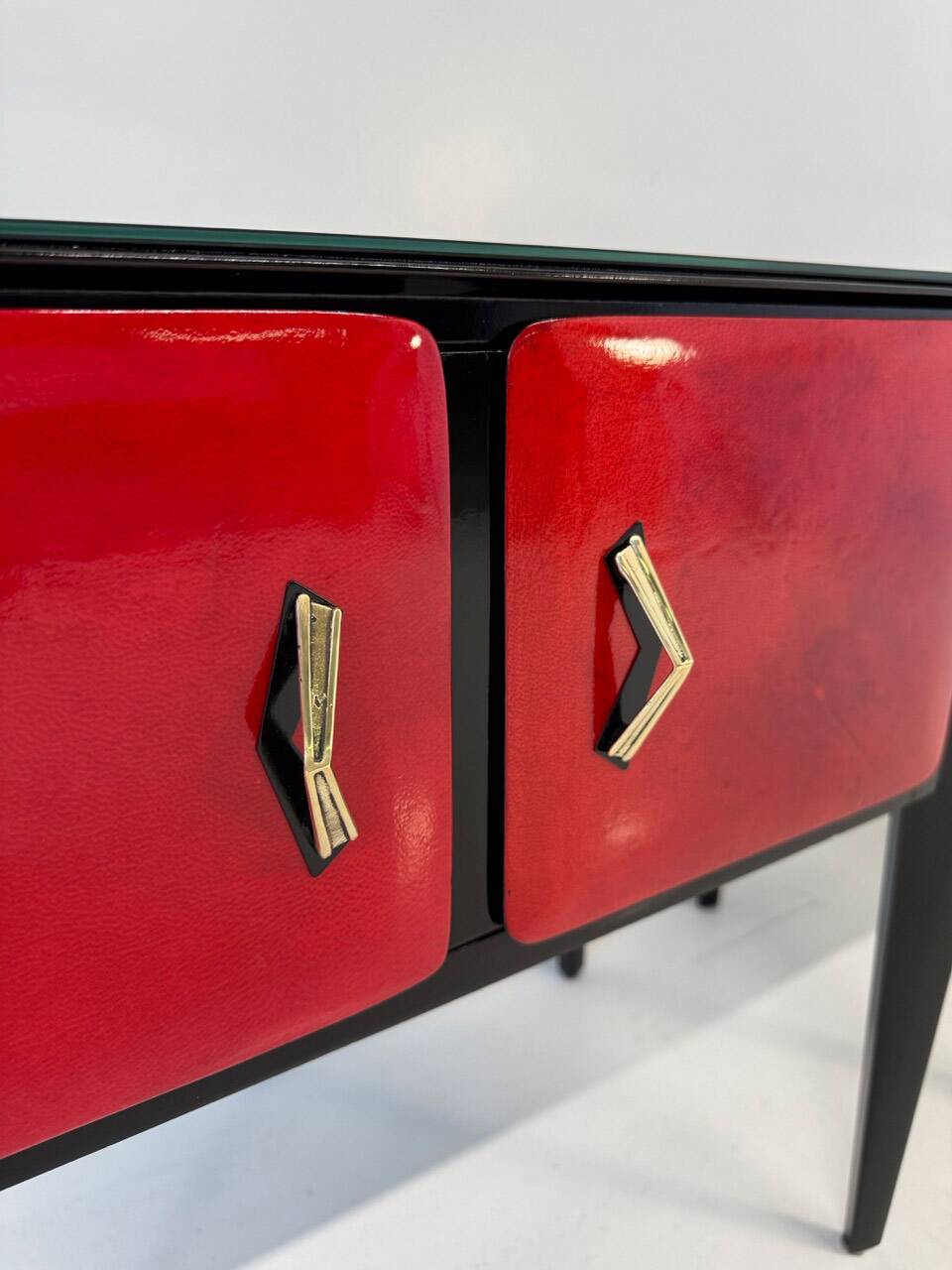 Italian Art Deco Cherry Red Parchment and Black Nightstands, 1950s
