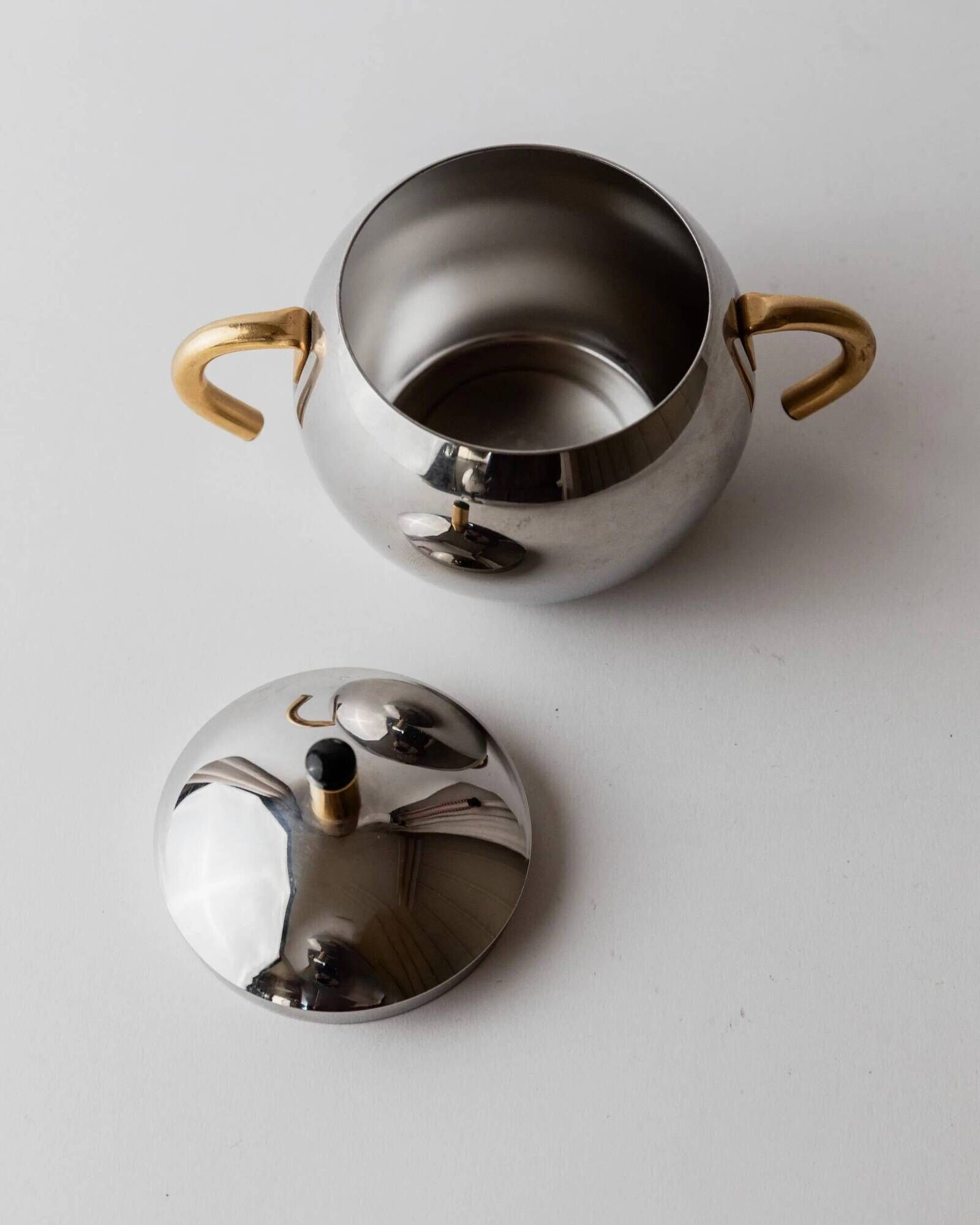 Vintage 1980s set of sugar or jam bowls, stainless steel and brass serving bowls, elegant postmodern tableware, breakfast service, gift idea.