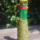 Old carafe/glass bottle decorated with scoubidou with its tassels 50/60s