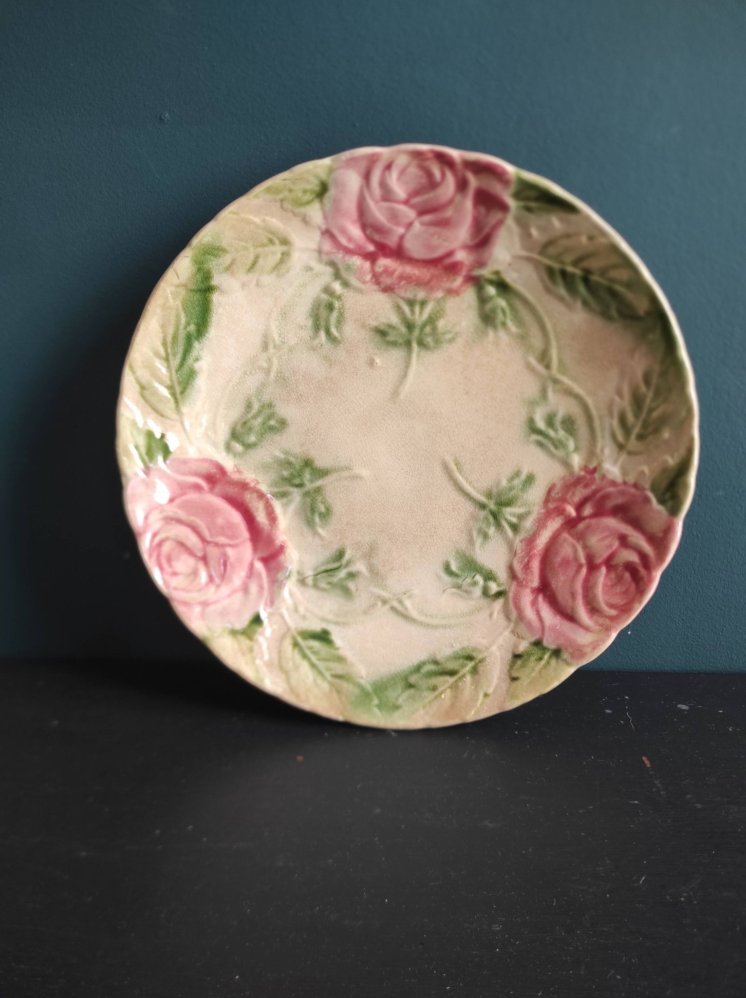 French antique plate decorated with roses in barbotine