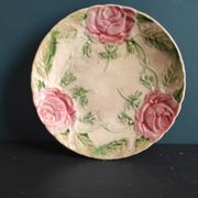 French antique plate decorated with roses in barbotine