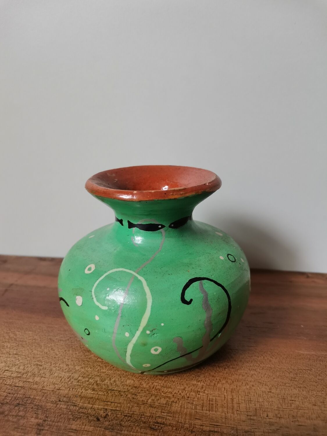 Vintage enamelled vase hand painted fish pattern