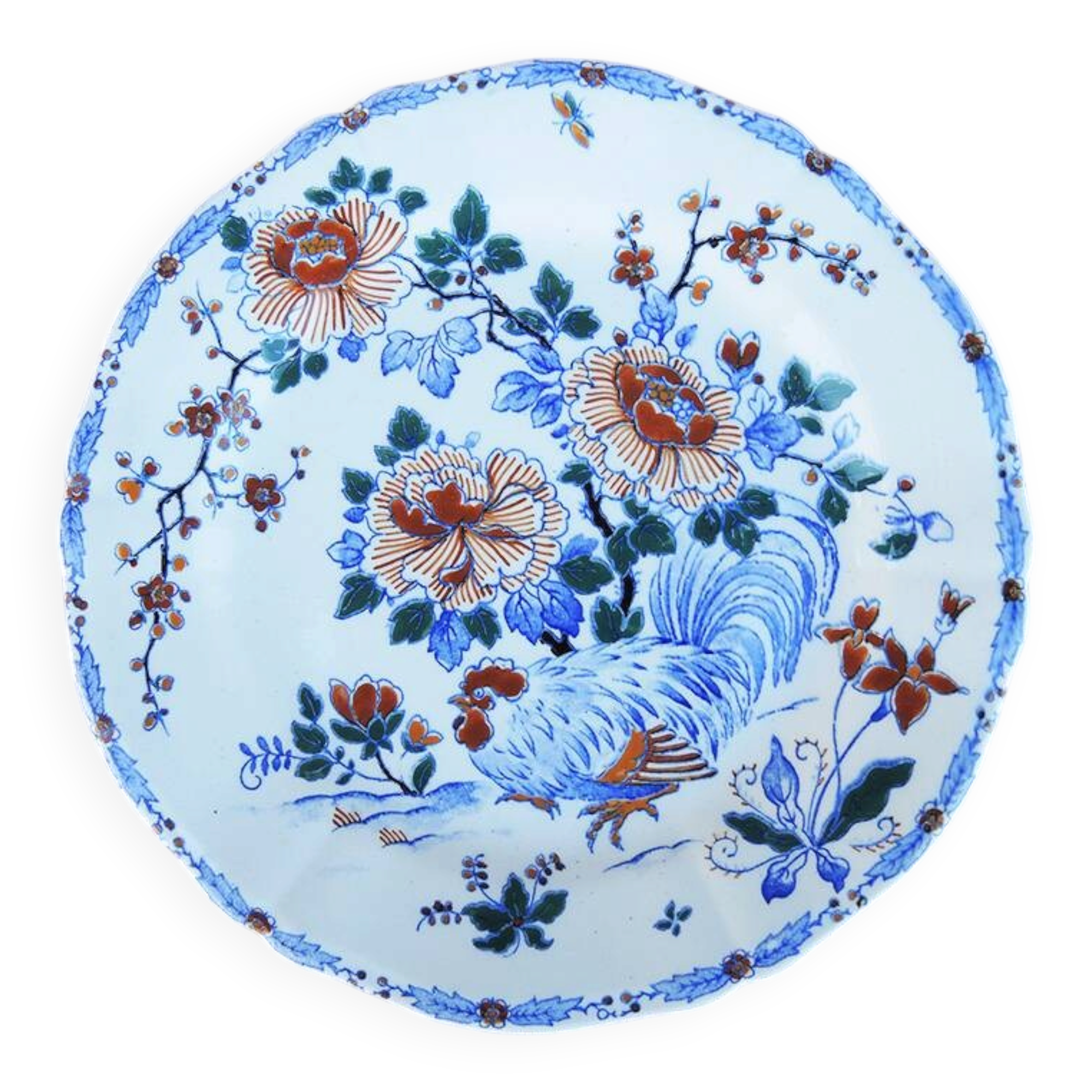 Ancienne assiette à dessert en céramique Gien – décor coq & pivoines
