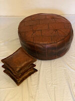 Leather patchwork foot stool and 2 pillows