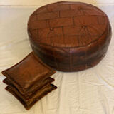 Leather patchwork foot stool and 2 pillows