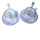 Duo of English porcelain tea cups from Queen's Richmond and spoons.