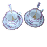 Duo of English porcelain tea cups from Queen's Richmond and spoons.