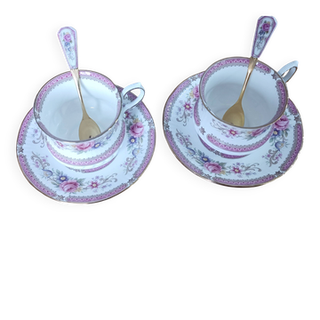 Duo de tasses à thé en porcelaine anglaise Queen's Richemond et cuillères d