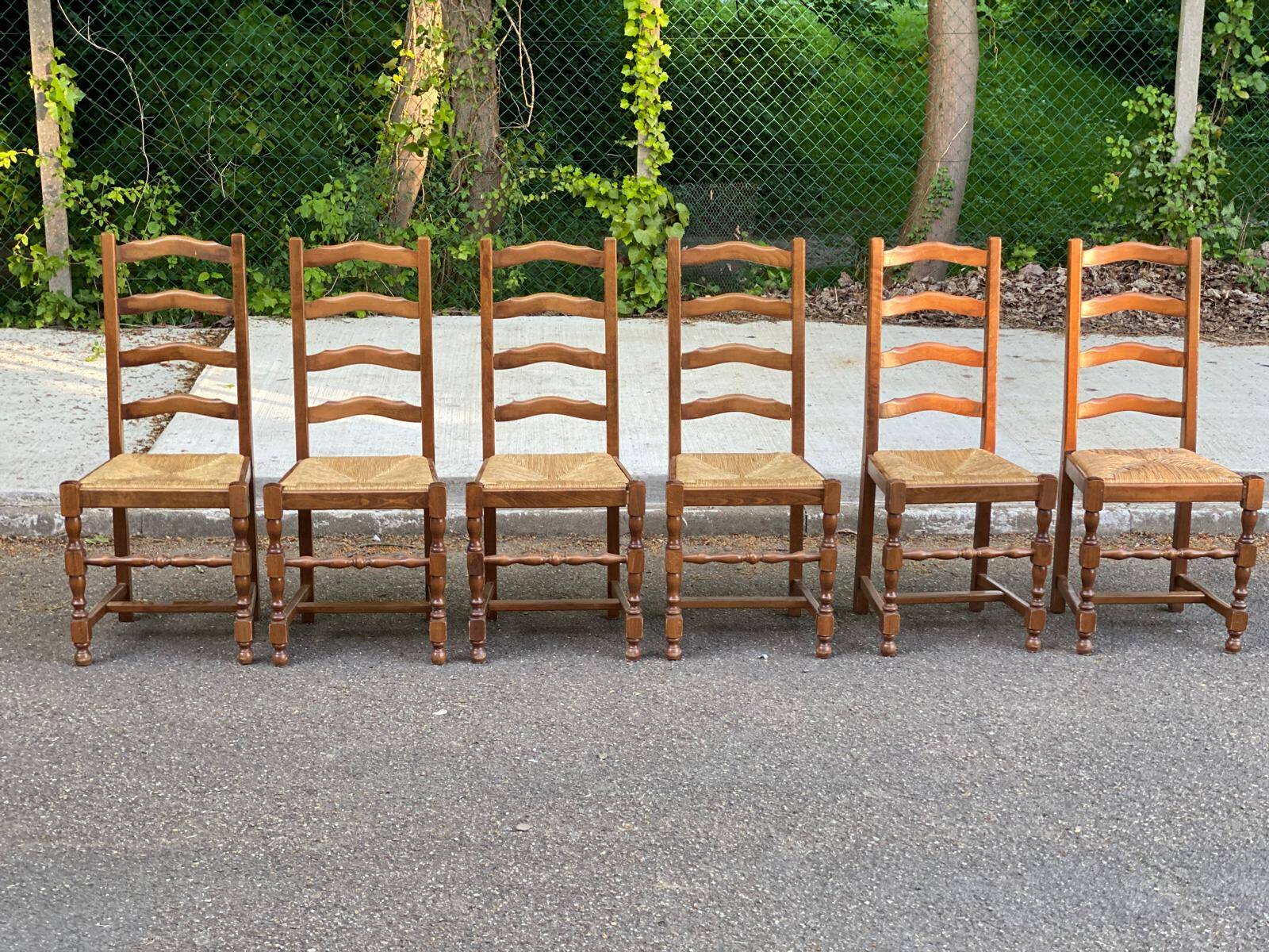 6 solid oak and straw chairs, high back, 102cm