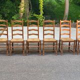 6 solid oak and straw chairs, high back, 102cm