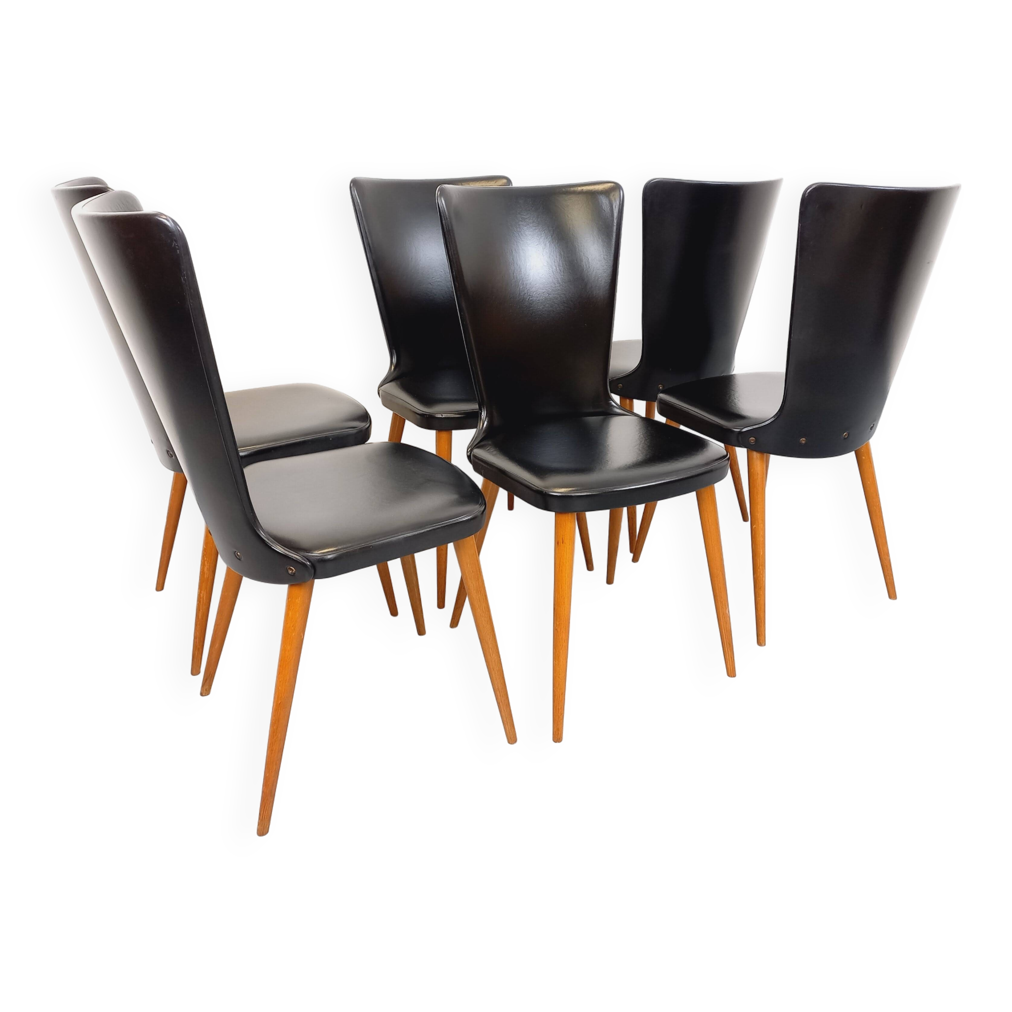 Set of 6 vintage Baumann Essor chairs in beech wood and skai