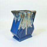 Large alpho fat lava art deco pitcher with blue ceramic handles 1930