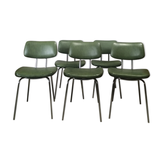 Ensemble de 6 chaises vintage des années 70 en métal chromé et skai kaki