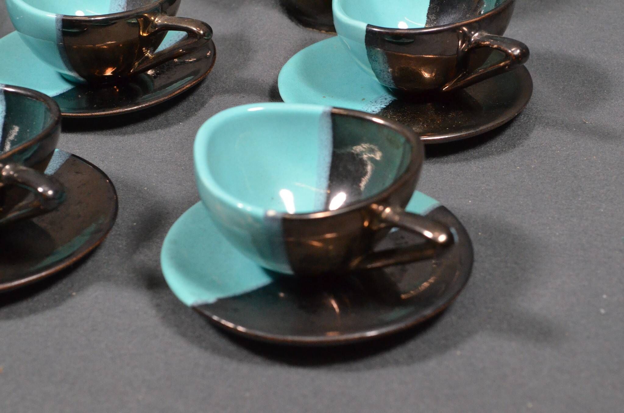 Vallauris coffee service in black and turquoise earthenware.