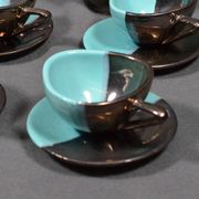 Vallauris coffee service in black and turquoise earthenware.