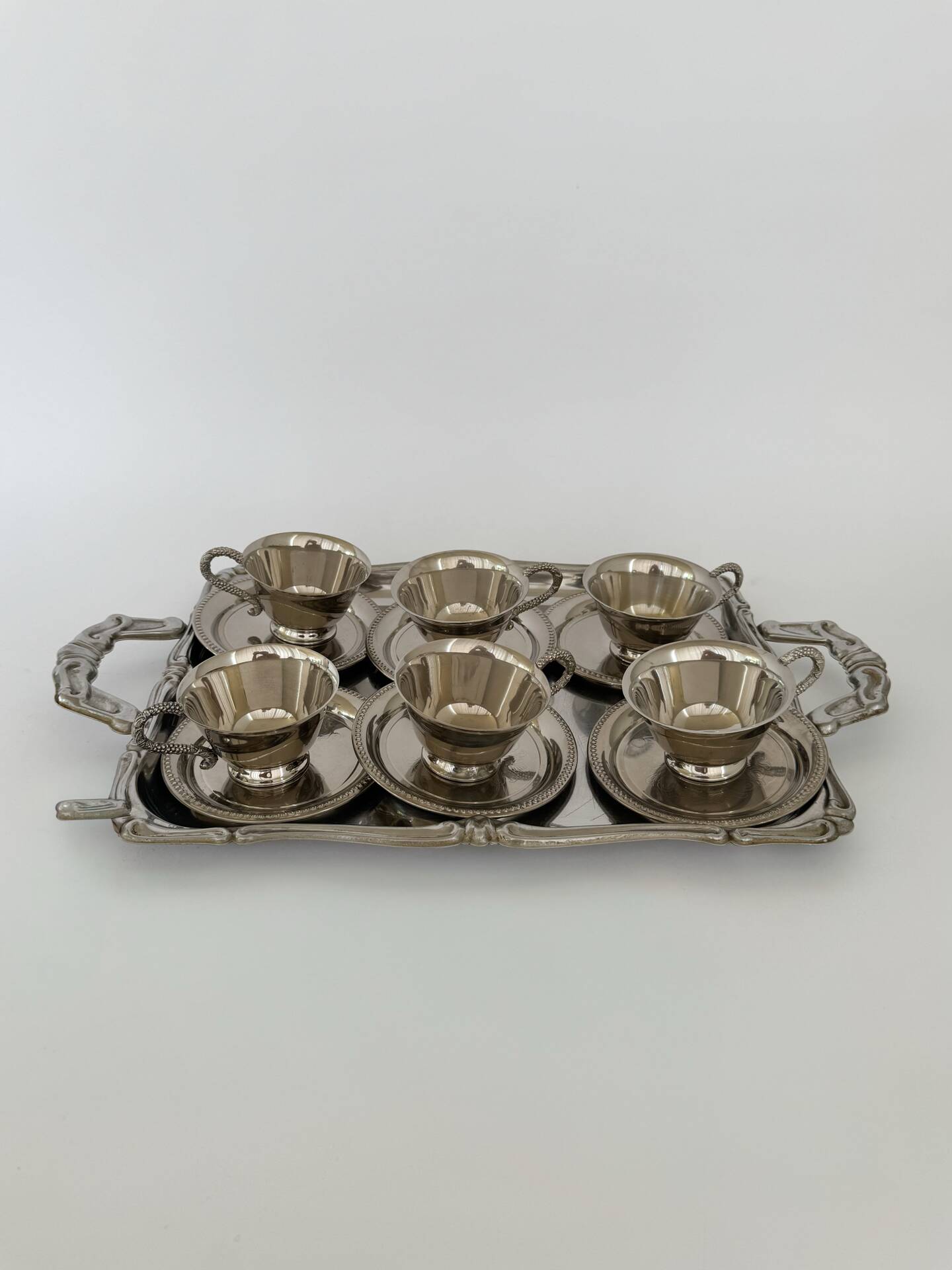 Set of 6 Antique Early 20th Century Silver Plated Coffee Cups With Sau