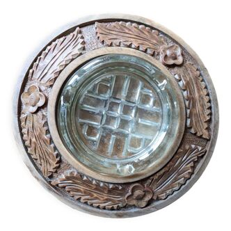 Old vintage ashtray carved wood and glass