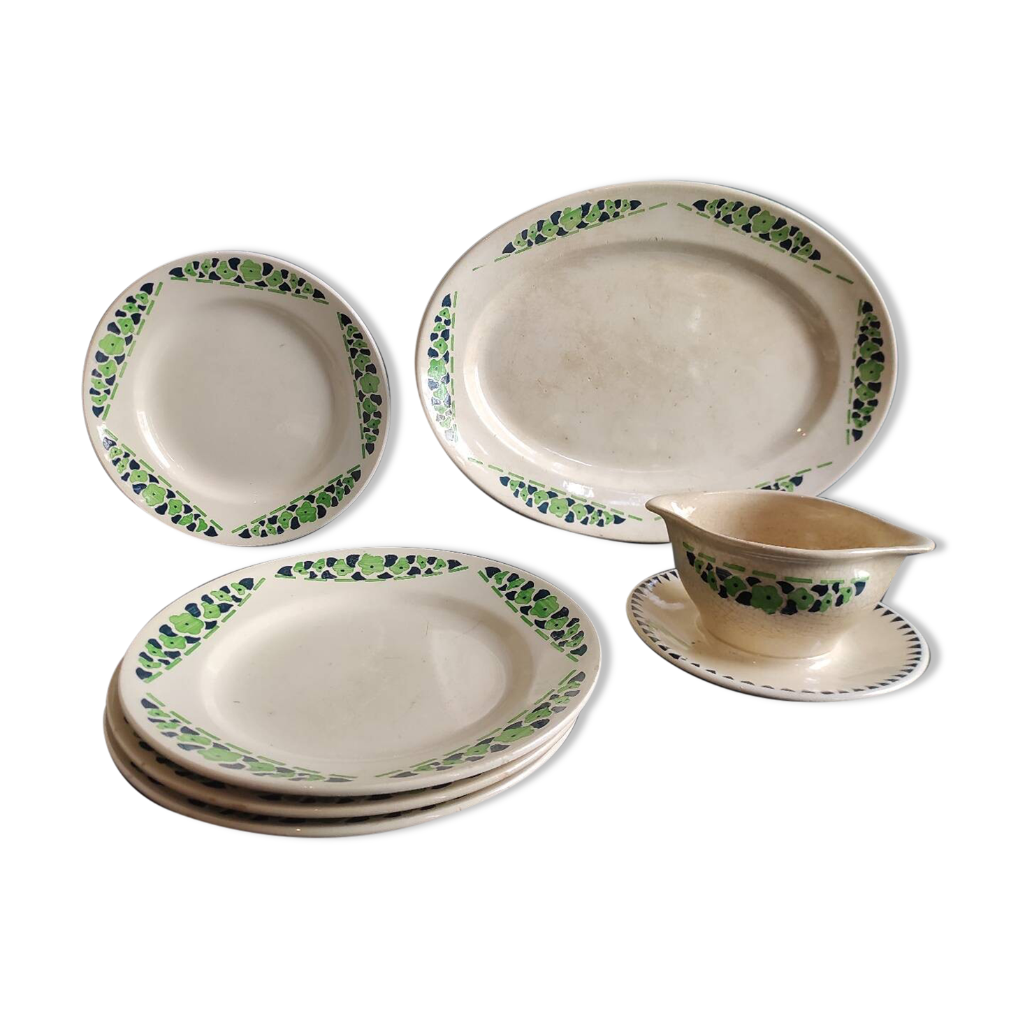 French vintage set of 4 plates, sauce boat and platter, from Longchamps, Cannes model