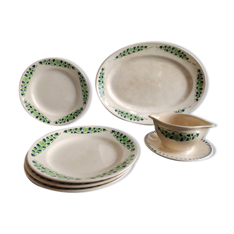 French vintage set of 4 plates, sauce boat and platter, from Longchamps, Cannes model